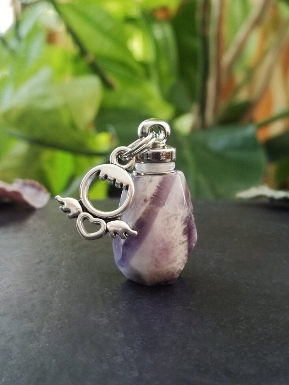 Purple Quartz Locket Pendant Necklace Stainless Steel Angel Charm